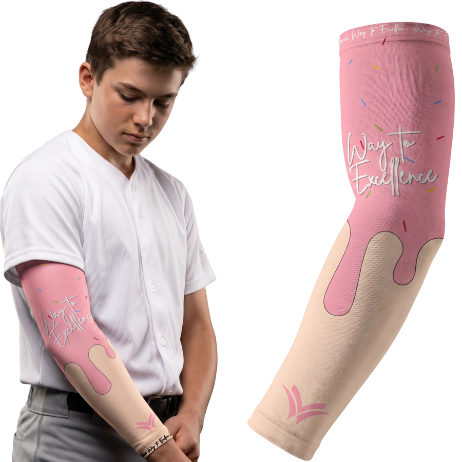 Waycel Strawberry Arm Sleeve worn by youth baseball player with product sleeve view
