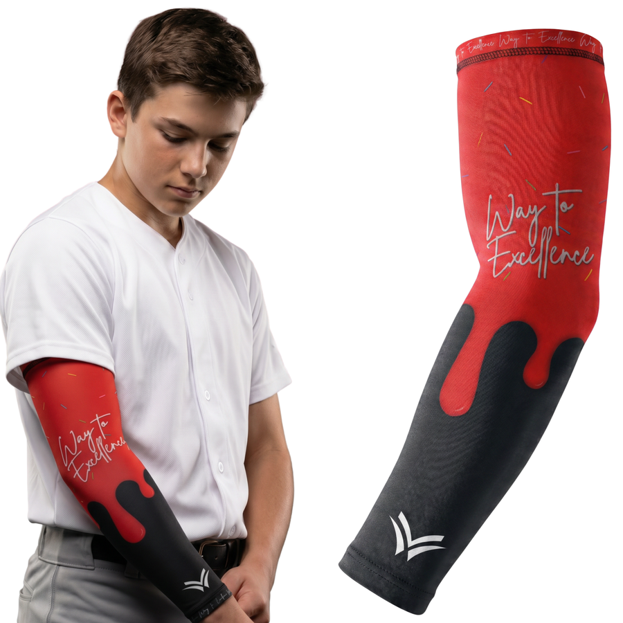 Waycel Cherry Bomb Arm Sleeve worn by youth baseball player with product sleeve view