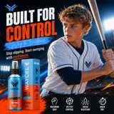 Waycel Baseball Grip Spray promotional image with youth baseball player holding a bat and product packaging