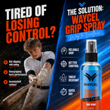 Waycel Baseball Grip Spray promotional image with product bottle and baseball player swinging a bat
