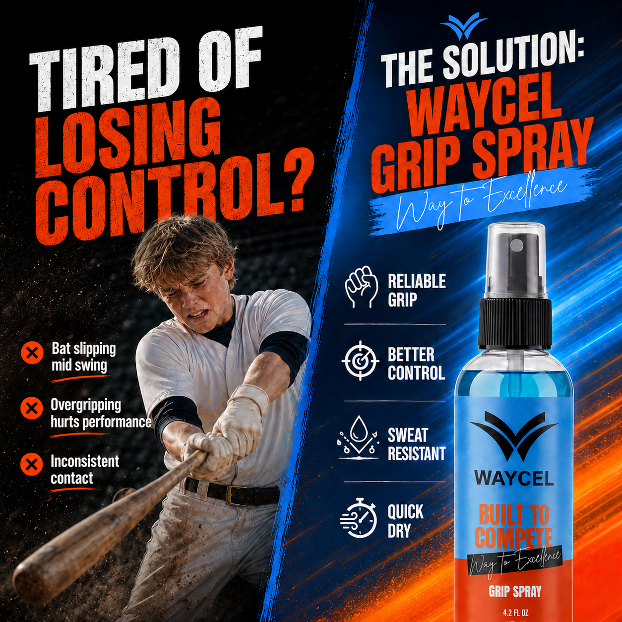Waycel Baseball Grip Spray promotional image with product bottle and baseball player swinging a bat