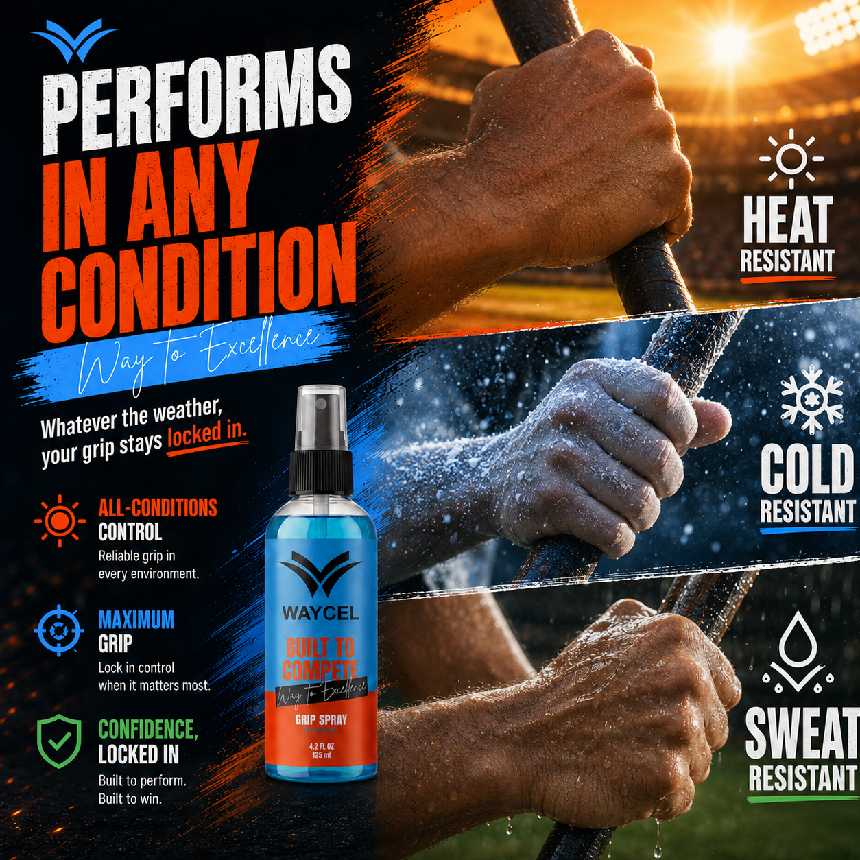 Waycel Baseball Grip Spray product image with hands holding a bat in different game day conditions