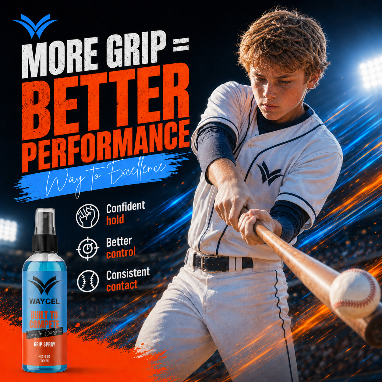 producto
Waycel Baseball Grip Spray promotional image with youth baseball player swinging a bat